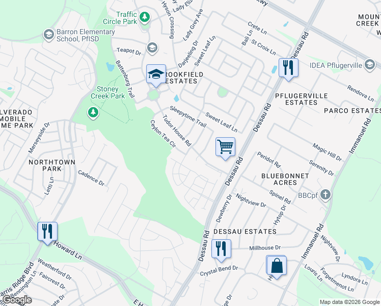 map of restaurants, bars, coffee shops, grocery stores, and more near 14205 Sumatra Lane in Pflugerville