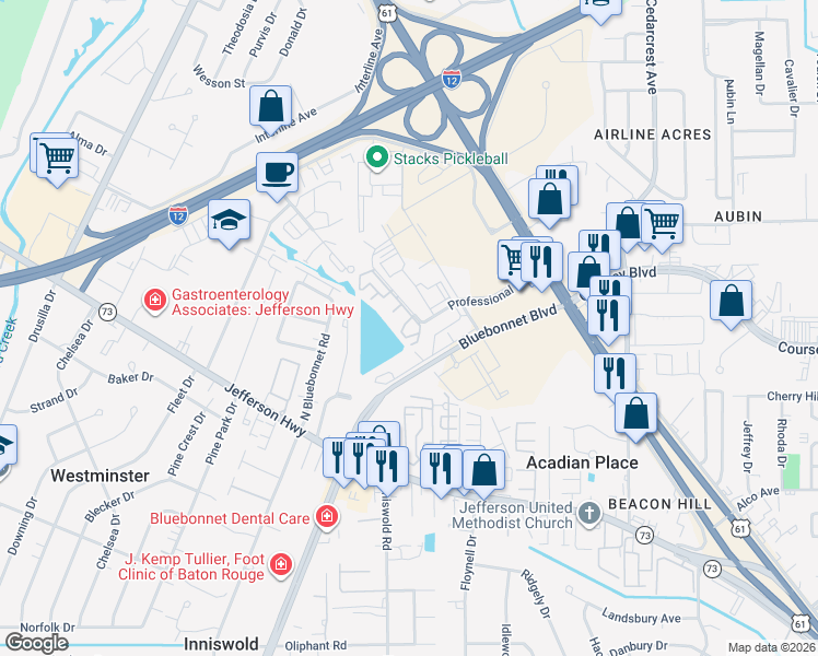 map of restaurants, bars, coffee shops, grocery stores, and more near 9854 Professional Boulevard in Baton Rouge