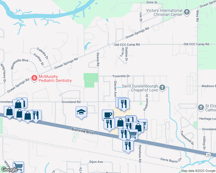 map of restaurants, bars, coffee shops, grocery stores, and more near 411 Woodward Drive in Ocean Springs