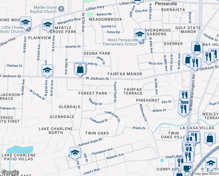 map of restaurants, bars, coffee shops, grocery stores, and more near 5505 Lynwood Road in Pensacola