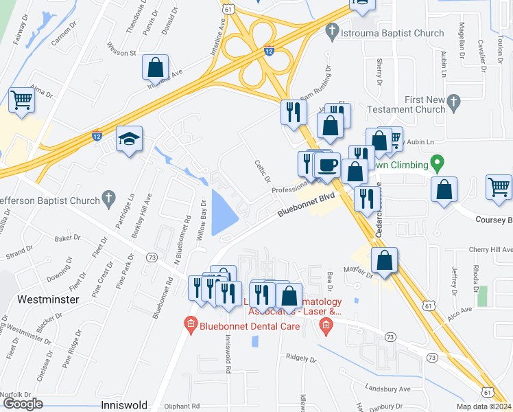 map of restaurants, bars, coffee shops, grocery stores, and more near 9854 Professional Boulevard in Baton Rouge