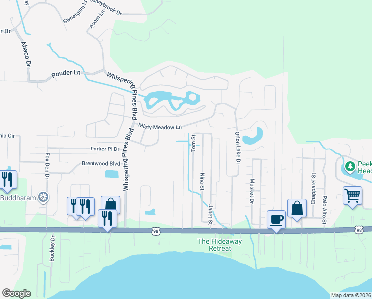 map of restaurants, bars, coffee shops, grocery stores, and more near 2270 Jeannie Street in Navarre