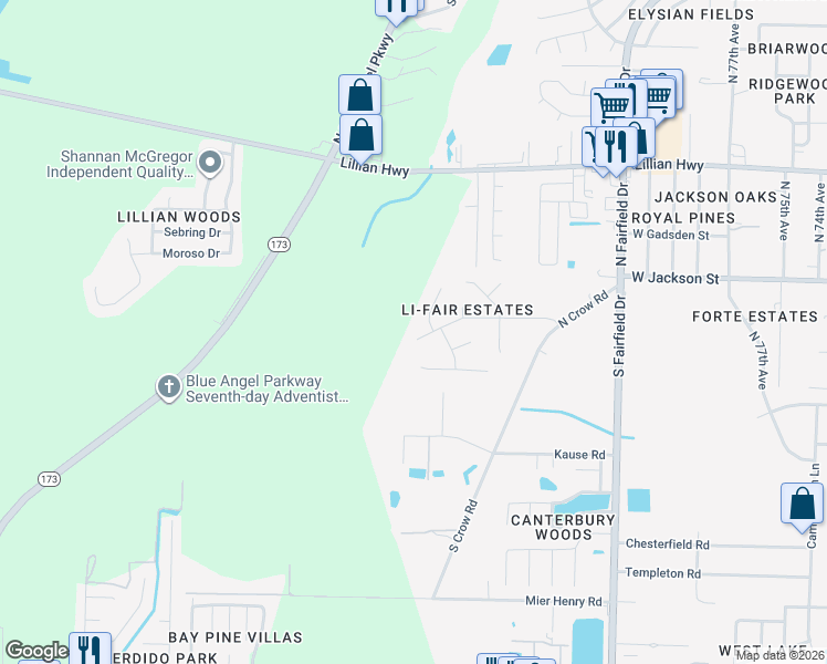 map of restaurants, bars, coffee shops, grocery stores, and more near 8238 Li Fair Drive in Pensacola