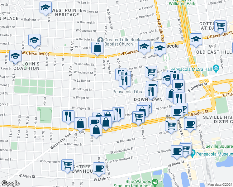 map of restaurants, bars, coffee shops, grocery stores, and more near 304 North Coyle Street in Pensacola