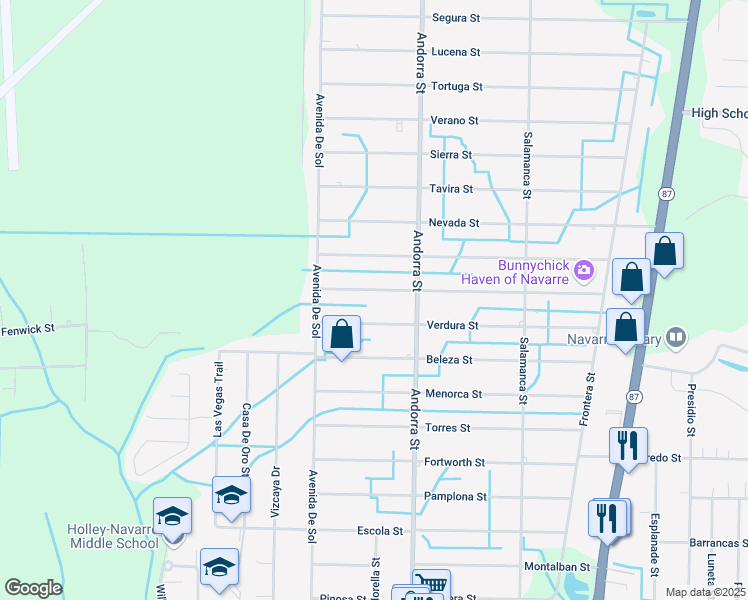 map of restaurants, bars, coffee shops, grocery stores, and more near 8155 Mercado Street in Navarre