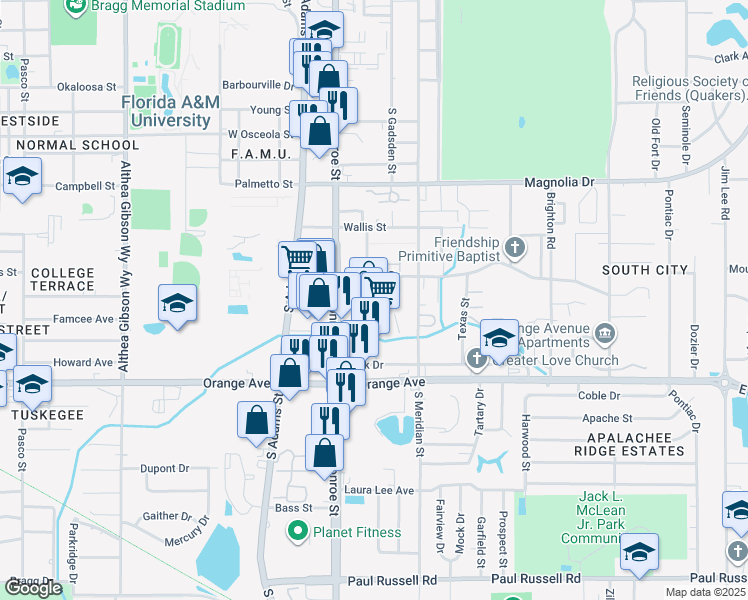 map of restaurants, bars, coffee shops, grocery stores, and more near 2525 South Monroe Street in Tallahassee