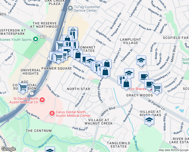 map of restaurants, bars, coffee shops, grocery stores, and more near 12414 Alderbrook Drive in Austin