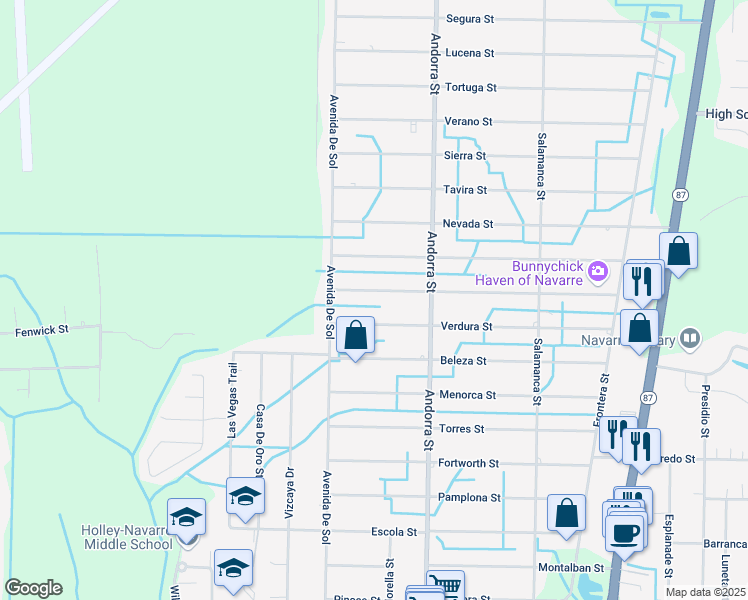 map of restaurants, bars, coffee shops, grocery stores, and more near 8155 Mercado Street in Navarre
