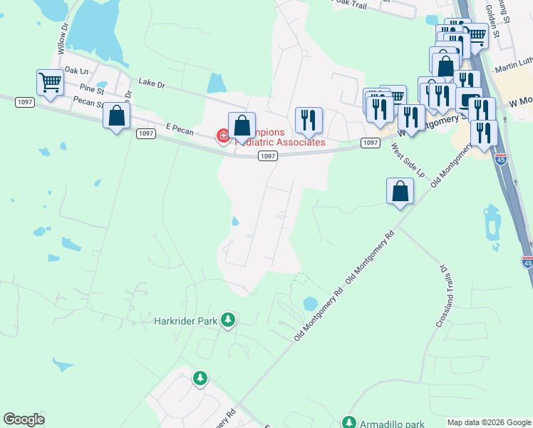 map of restaurants, bars, coffee shops, grocery stores, and more near 12072 Hilltop Drive in Willis