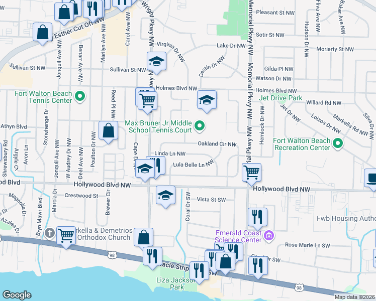 map of restaurants, bars, coffee shops, grocery stores, and more near 323 Linda Lane Northwest in Fort Walton Beach