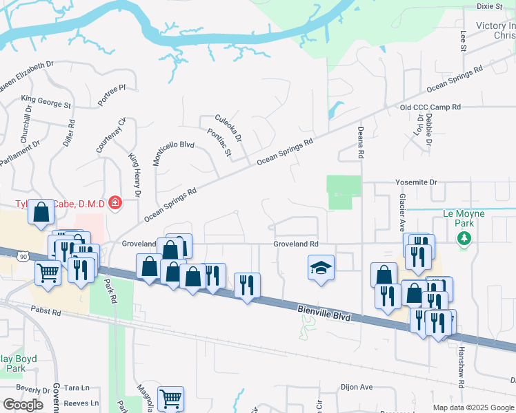 map of restaurants, bars, coffee shops, grocery stores, and more near 3713 Springwood Lane in Ocean Springs