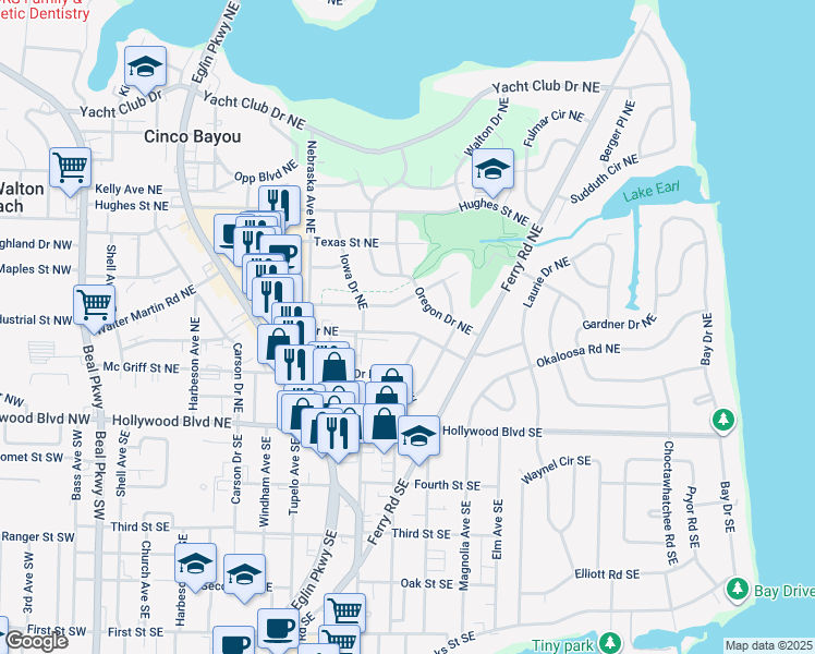 map of restaurants, bars, coffee shops, grocery stores, and more near 213 Staff Drive Northeast in Fort Walton Beach