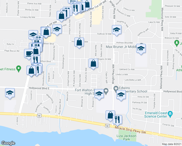 map of restaurants, bars, coffee shops, grocery stores, and more near 413 Odin Lane Northwest in Mary Esther