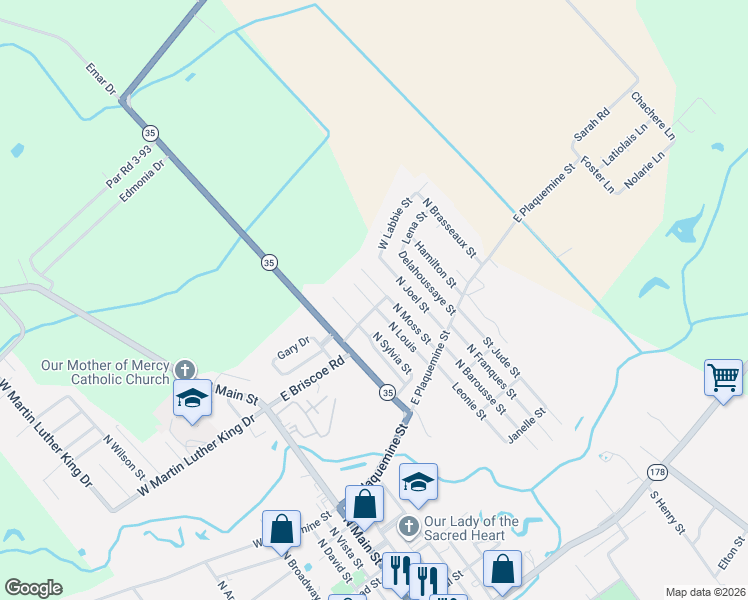 map of restaurants, bars, coffee shops, grocery stores, and more near 577 North Moss Street in Church Point