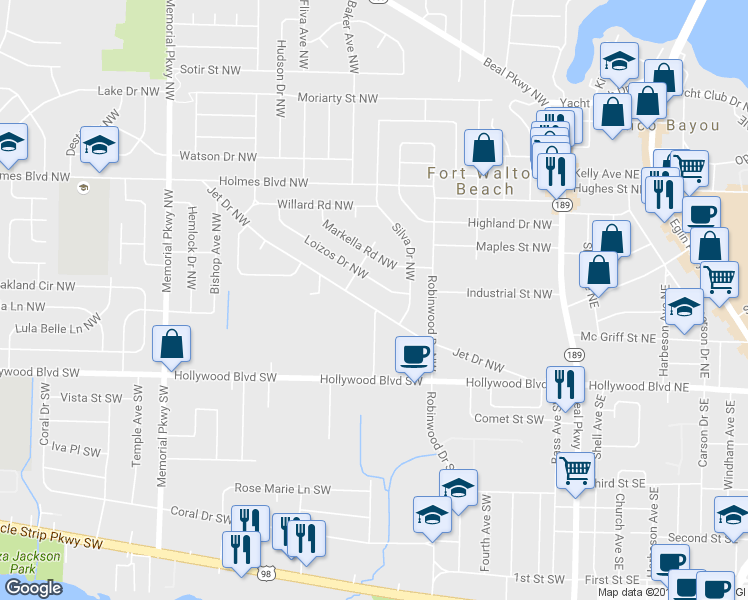 map of restaurants, bars, coffee shops, grocery stores, and more near 123 Jet Drive Northwest in Fort Walton Beach