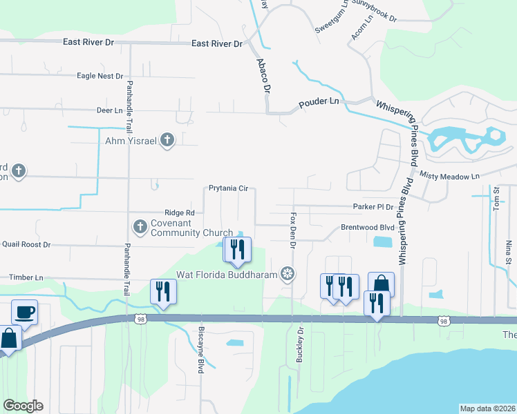 map of restaurants, bars, coffee shops, grocery stores, and more near 9415 Parker Place Drive in Navarre