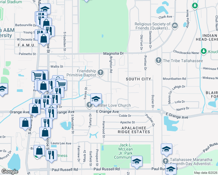 map of restaurants, bars, coffee shops, grocery stores, and more near 2502 Brighton Road in Tallahassee