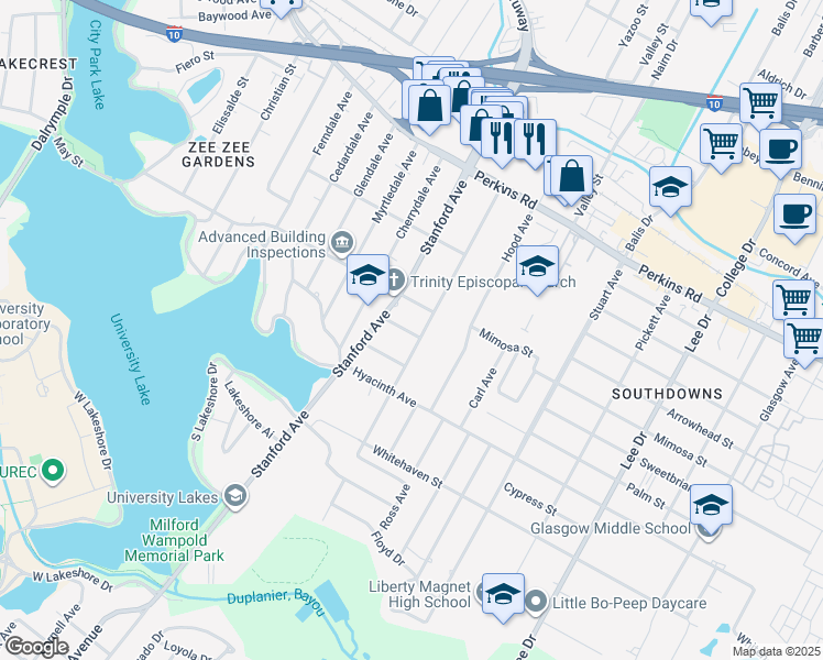 map of restaurants, bars, coffee shops, grocery stores, and more near 1761 Cloverdale Avenue in Baton Rouge