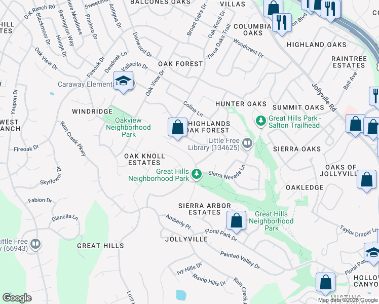 map of restaurants, bars, coffee shops, grocery stores, and more near 10913 Sierra Oaks in Austin