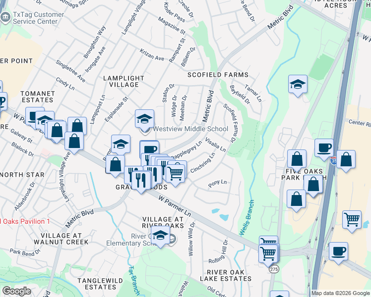 map of restaurants, bars, coffee shops, grocery stores, and more near 1849 Dapplegrey Lane in Austin