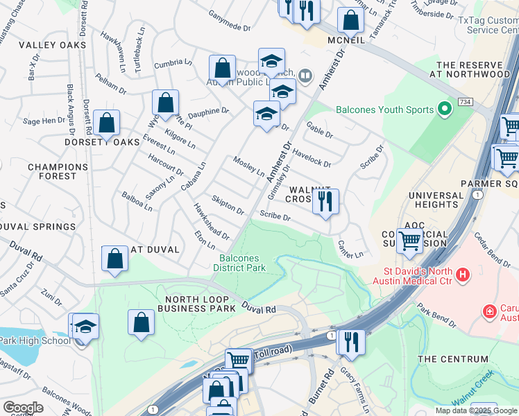 map of restaurants, bars, coffee shops, grocery stores, and more near 12000 Scribe Drive in Austin