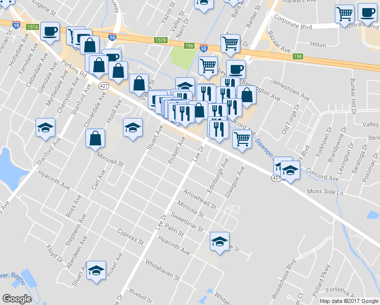 map of restaurants, bars, coffee shops, grocery stores, and more near 4454 Poplar Street in Baton Rouge