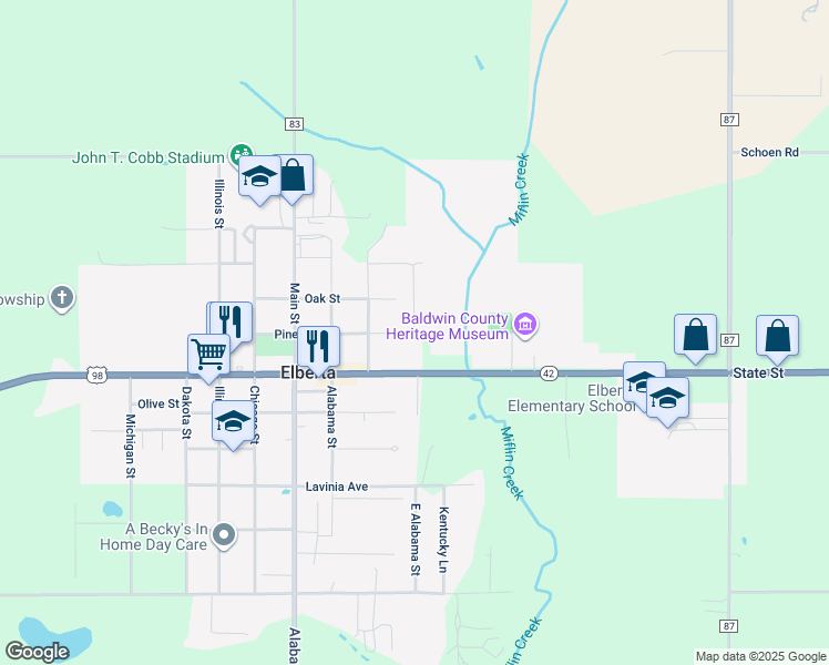 map of restaurants, bars, coffee shops, grocery stores, and more near East Pine Street in Elberta