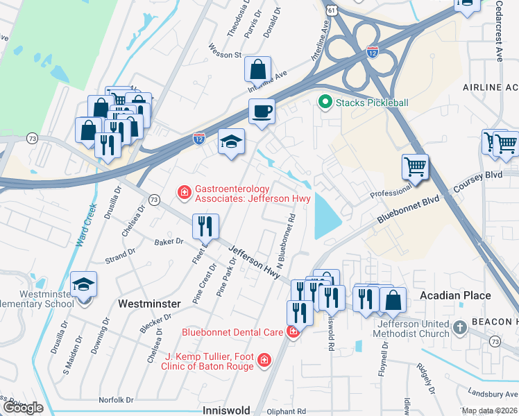 map of restaurants, bars, coffee shops, grocery stores, and more near 3762 Ridgetop Drive in Baton Rouge