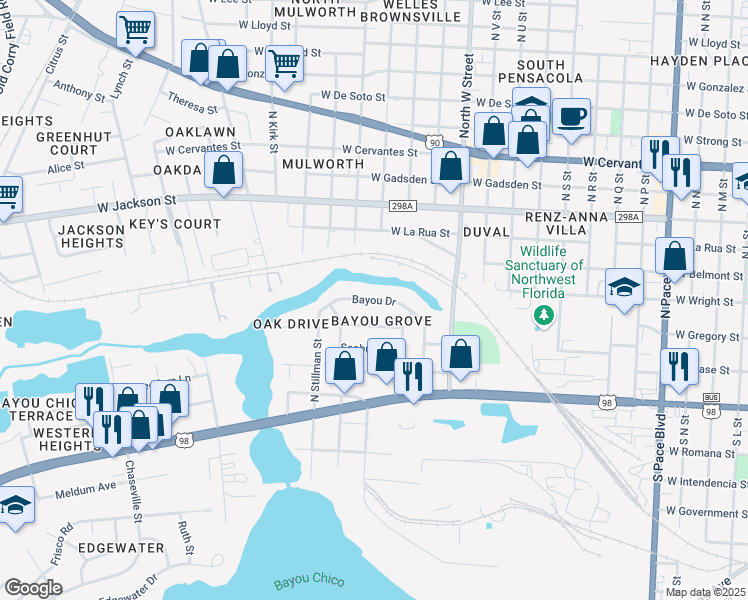 map of restaurants, bars, coffee shops, grocery stores, and more near 3295 Bayou Drive in Pensacola