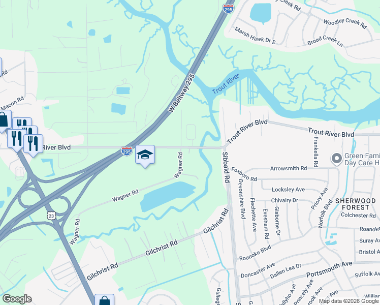 map of restaurants, bars, coffee shops, grocery stores, and more near 5804 Trout River Boulevard in Jacksonville