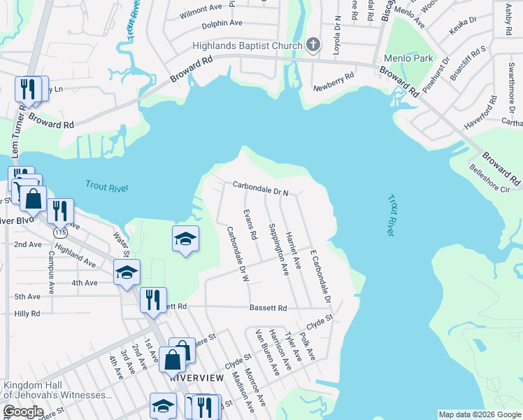 map of restaurants, bars, coffee shops, grocery stores, and more near 9727 Sappington Avenue in Jacksonville