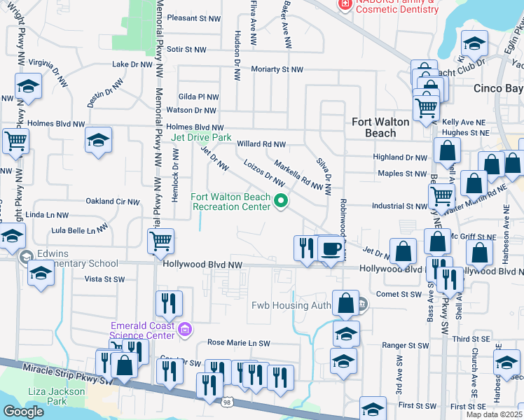 map of restaurants, bars, coffee shops, grocery stores, and more near 21 Baywood Court Northwest in Fort Walton Beach