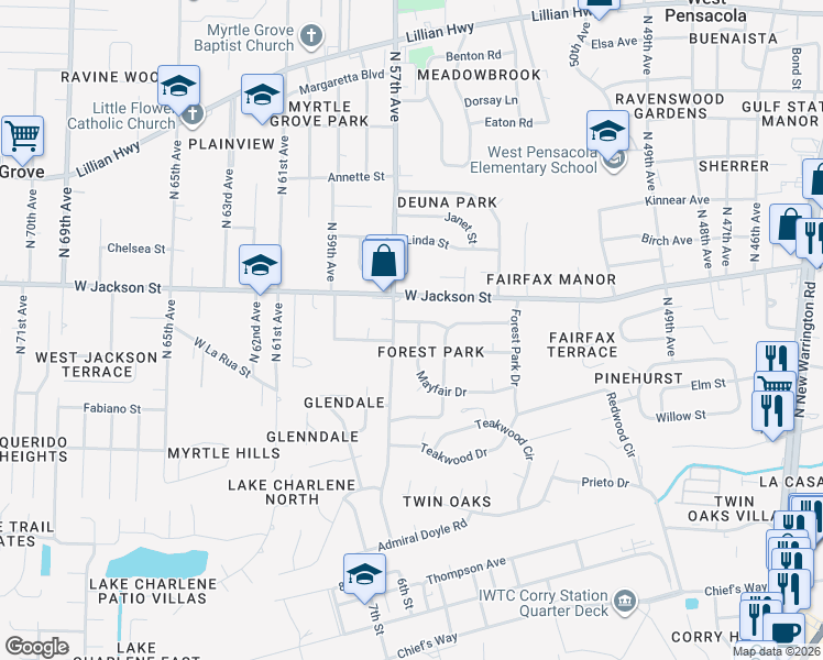 map of restaurants, bars, coffee shops, grocery stores, and more near 5557 Mayfair Drive in Pensacola