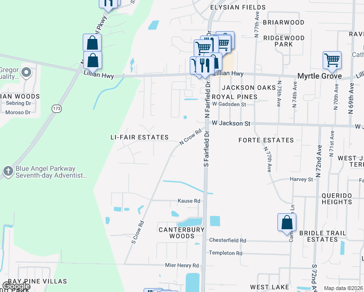 map of restaurants, bars, coffee shops, grocery stores, and more near 380 North Crow Road in Pensacola