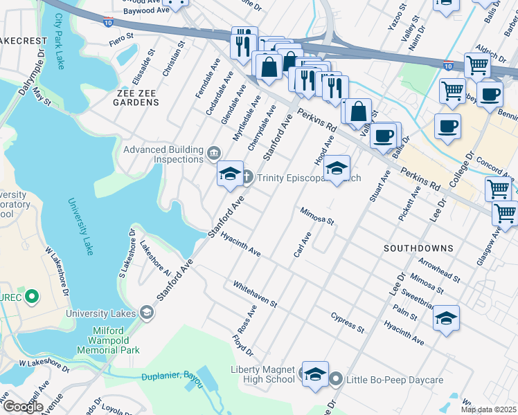 map of restaurants, bars, coffee shops, grocery stores, and more near 1761 Cloverdale Avenue in Baton Rouge