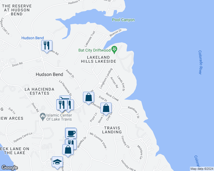 map of restaurants, bars, coffee shops, grocery stores, and more near 15601 Cedar Ledge Street in Austin