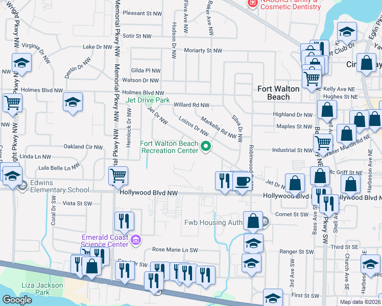 map of restaurants, bars, coffee shops, grocery stores, and more near 21 Baywood Court Northwest in Fort Walton Beach