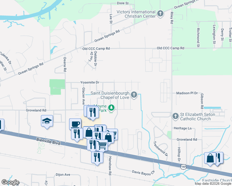 map of restaurants, bars, coffee shops, grocery stores, and more near 1314 Parktown Dr in Ocean Springs