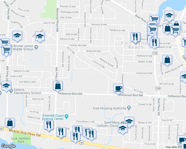map of restaurants, bars, coffee shops, grocery stores, and more near 23 Baywood Court Northwest in Fort Walton Beach