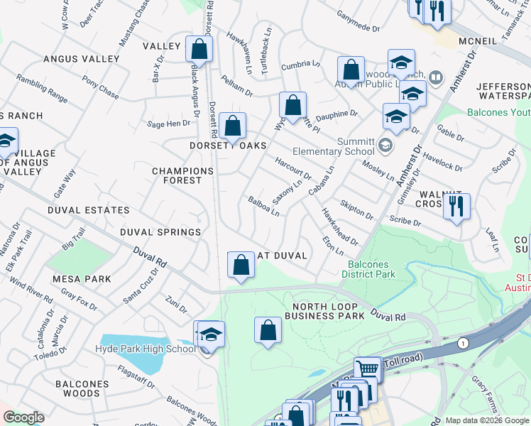 map of restaurants, bars, coffee shops, grocery stores, and more near 4201 Balboa Lane in Austin