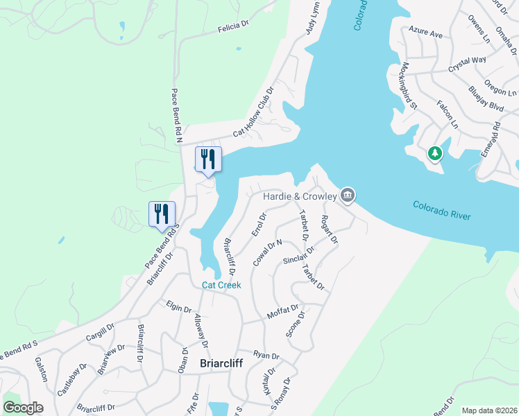 map of restaurants, bars, coffee shops, grocery stores, and more near 503 Errol Drive in Briarcliff