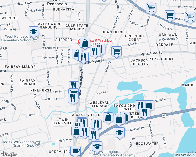 map of restaurants, bars, coffee shops, grocery stores, and more near 406 North Old Corry Field Road in Pensacola