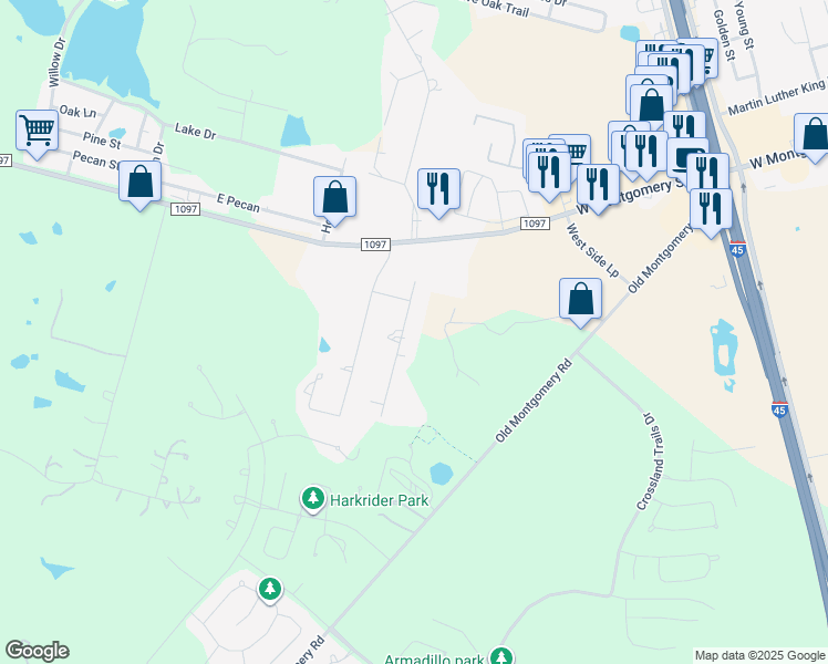 map of restaurants, bars, coffee shops, grocery stores, and more near 12062 Hairston Drive in Willis