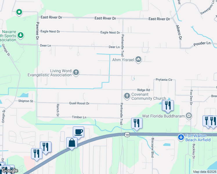 map of restaurants, bars, coffee shops, grocery stores, and more near 9150 Ridge Road in Navarre
