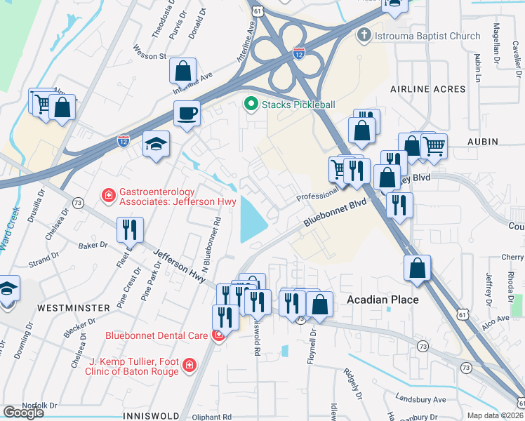 map of restaurants, bars, coffee shops, grocery stores, and more near 10298 West Winston Avenue in Baton Rouge