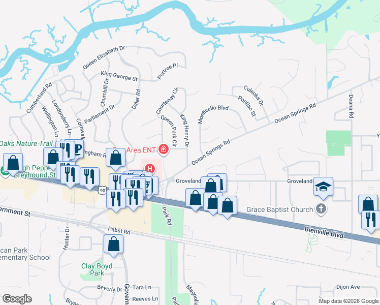 map of restaurants, bars, coffee shops, grocery stores, and more near 1204 King Henry Drive in Ocean Springs