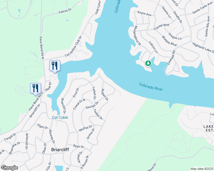 map of restaurants, bars, coffee shops, grocery stores, and more near 21825 Briarcliff Drive in Briarcliff