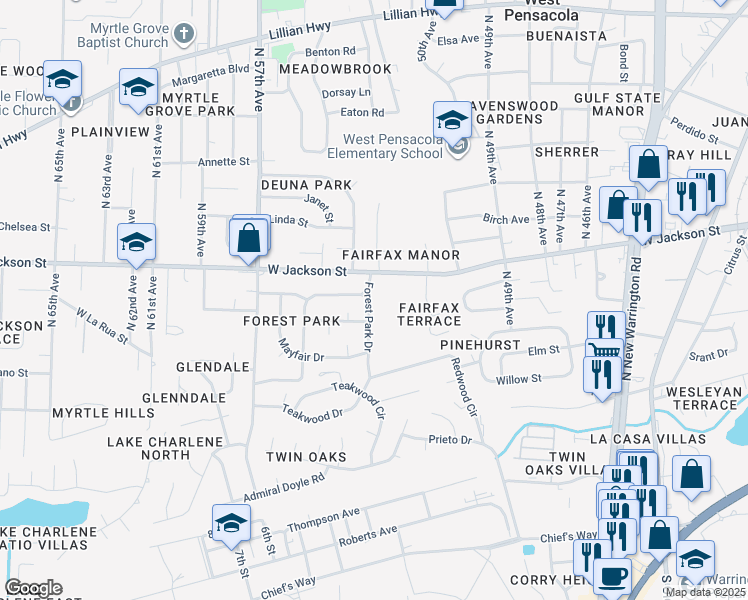 map of restaurants, bars, coffee shops, grocery stores, and more near 510 Forest Park Drive in Pensacola