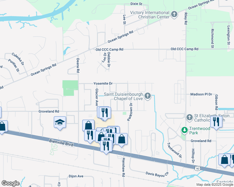 map of restaurants, bars, coffee shops, grocery stores, and more near 120 Yellowstone Circle in Ocean Springs