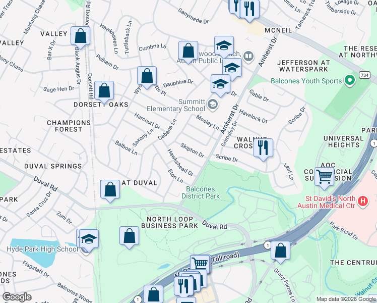 map of restaurants, bars, coffee shops, grocery stores, and more near 3810 Tarragona Lane in Austin